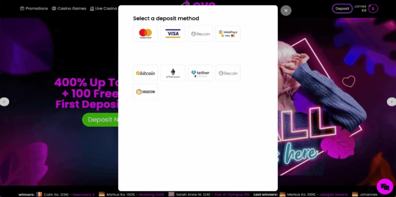 Love Casino deposit methods Visa Mastercard crypto